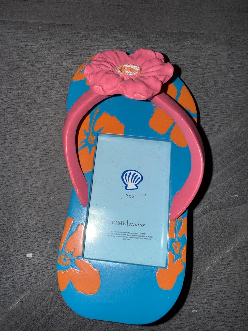 Pink & Blue Flip-Flop Picture Frame with Orange Floral Accents